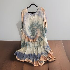 NT by Amati Beige Brown Tie Dye Style Print Tunic Blouse Top One Size Silk